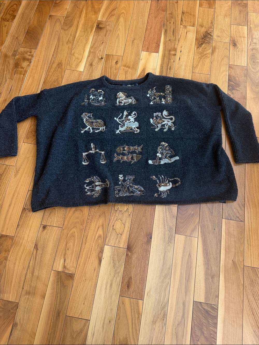 Zara Black Crewneck Sweater with Embroidered Zodiac Motifs